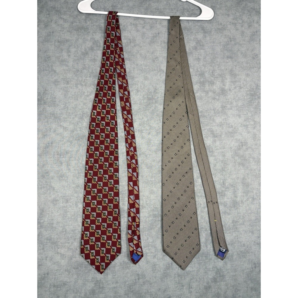 Lot of 2 Vintage Nautica 100% Silk Neckties USA Geometric Burgundy Beige 56x4